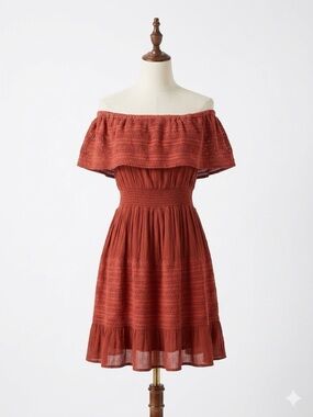 Naoo Off-Shoulder Smocked Dress in Rust, Size L